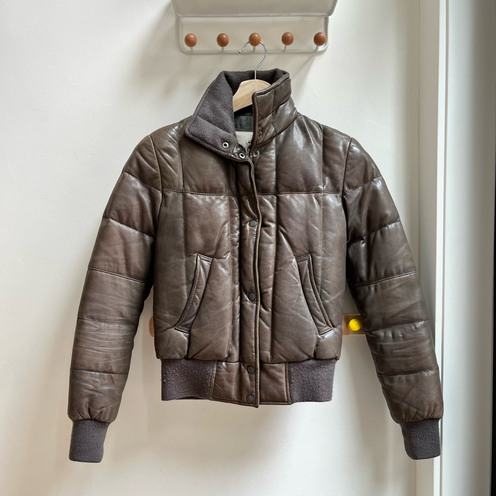 Genuine leather bomber puffer jacket